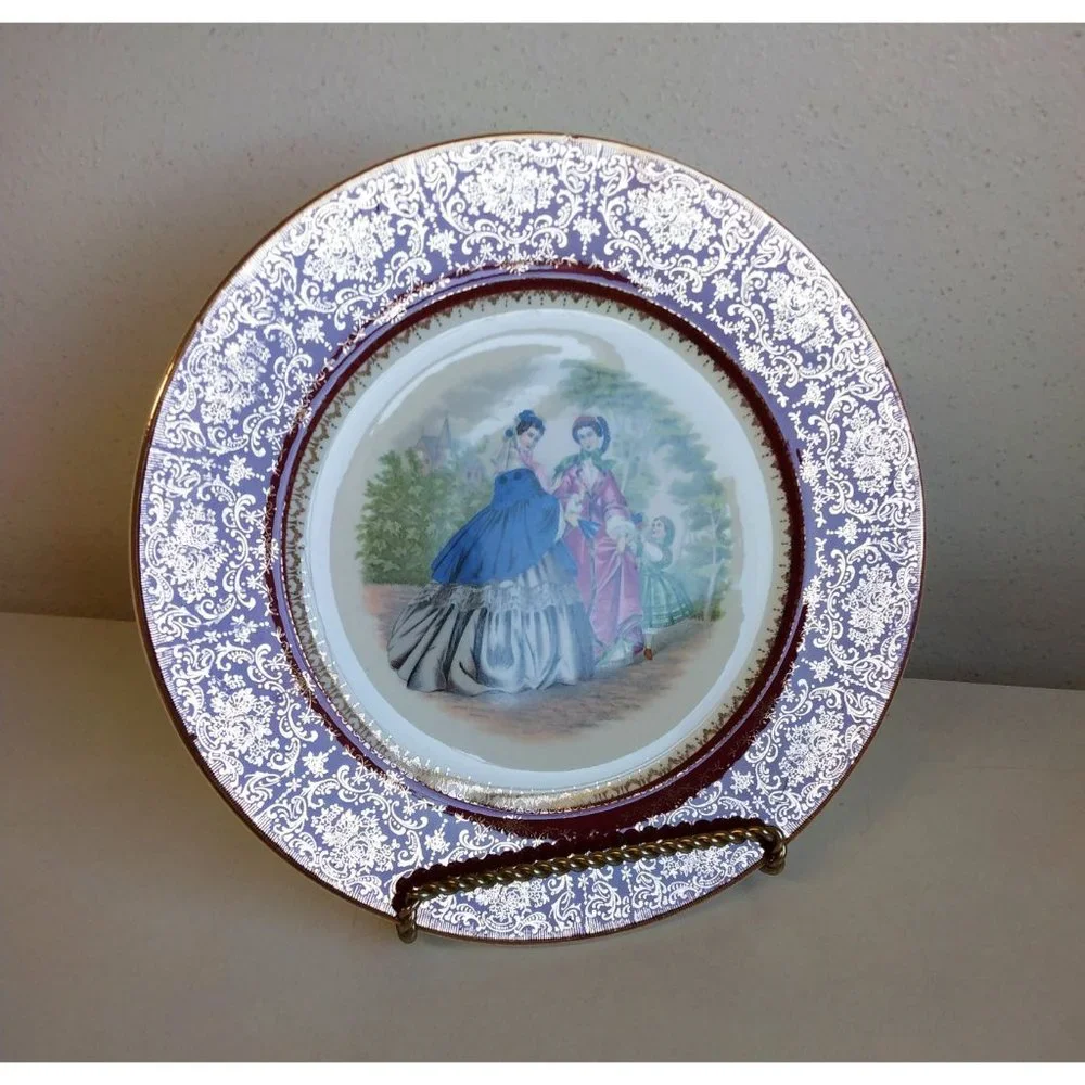 Two 23 Karat Gold trim Vintage Salem Victorian Women Dinner Plates
